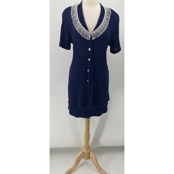 Vintage 2 Piece Skirt Set Crochet Knit Lace Trim Button Front Navy Blue XS/Small - Picture 2 of 12